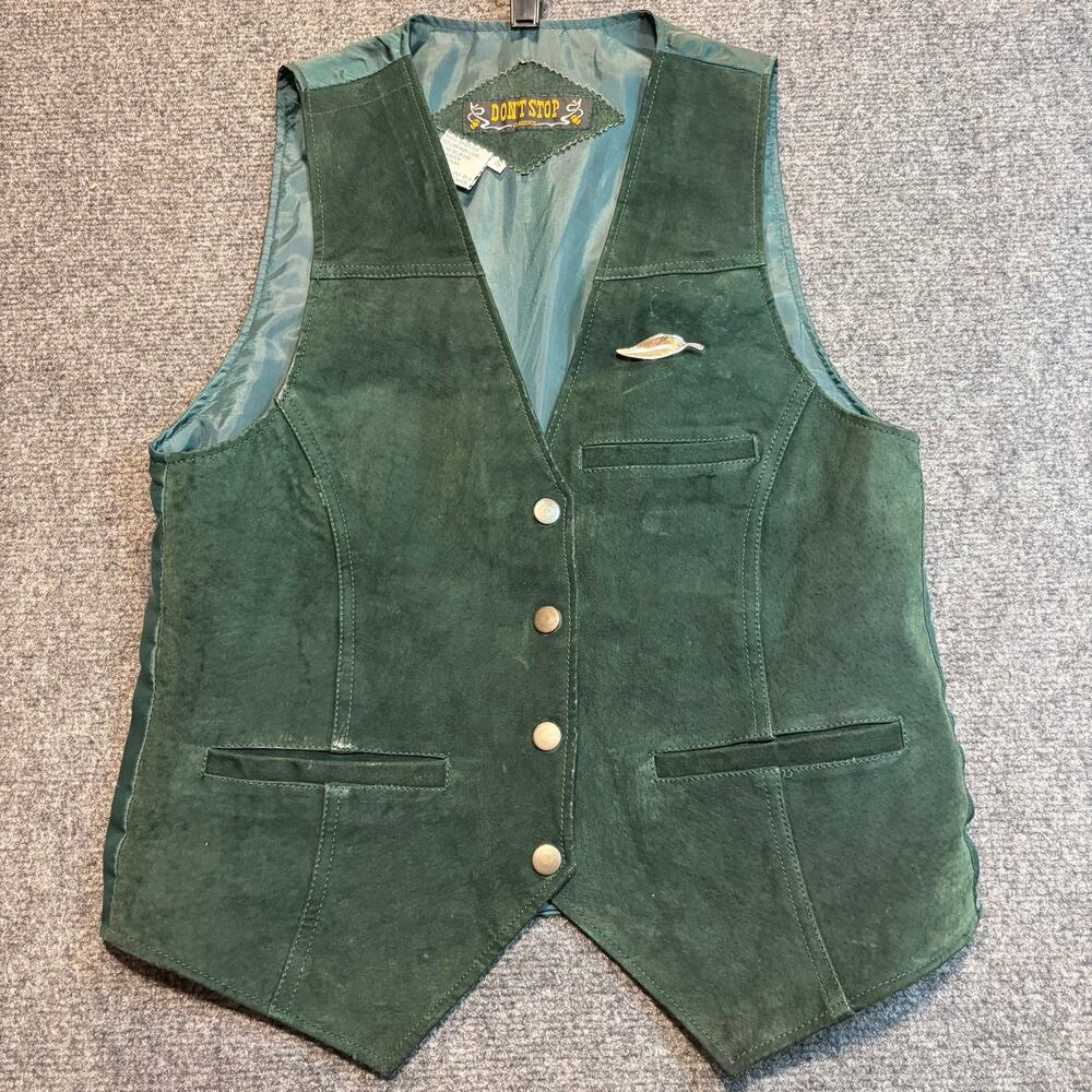 Dont Stop Green Suede Leather Vest Western Snap Pockets Womens Small Vintage